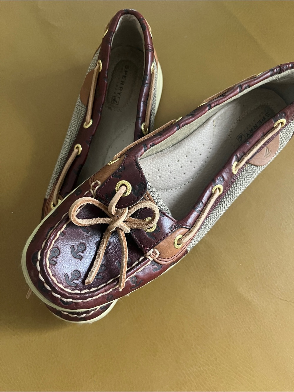 Never-Worn Sperry Women's Brown Leather & Tan Canvas Anchor Embossed Moccasins